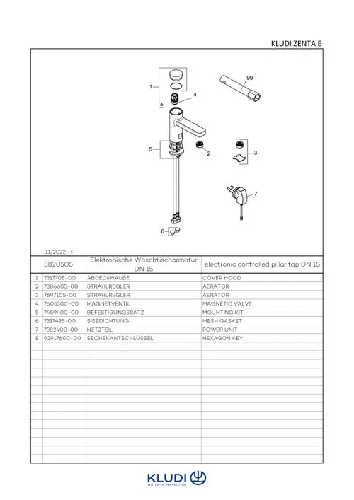 Diagramm mit Explosionsansicht und Teileliste für einen elektronisch gesteuerten Wasserhahn von Kludi, mit detaillierten Informationen zu den einzelnen Komponenten und deren Bezeichnungen.